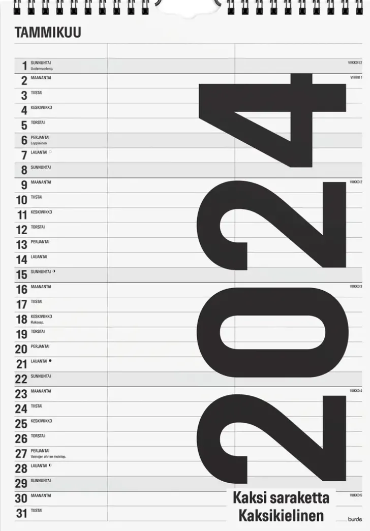 Burde Seinakalenteri 2024 Black And White 2 Saraketta