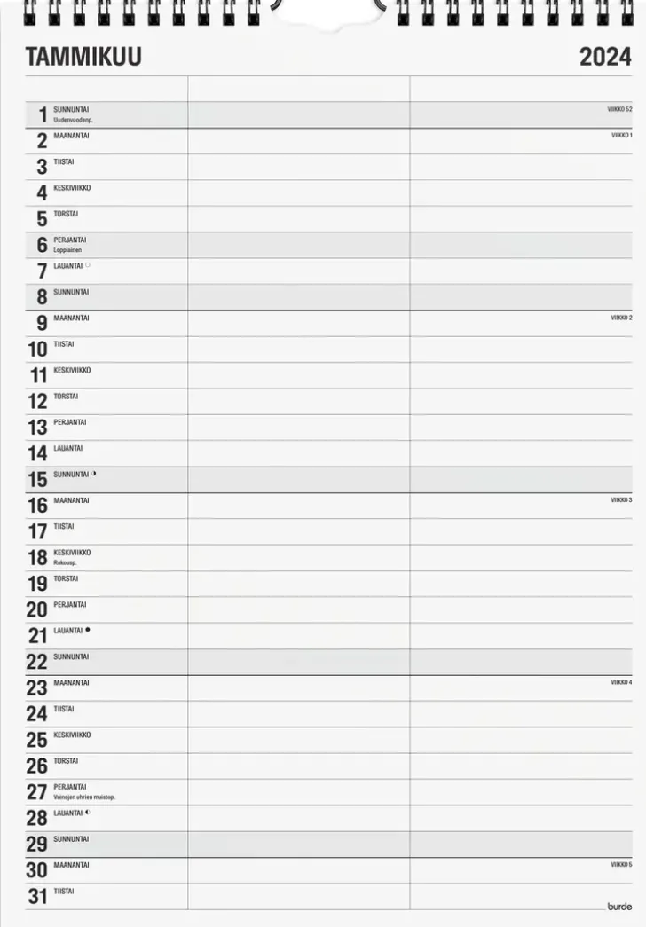 Burde Seinakalenteri 2024 Black And White 2 Saraketta